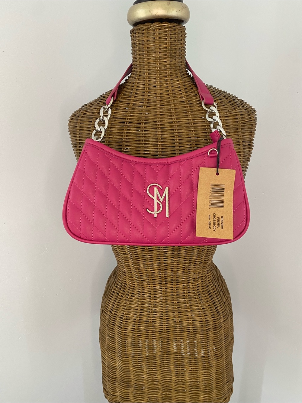 Steve Madden Quilted Shoulder Bag in Bright Pink with Silver Hardware